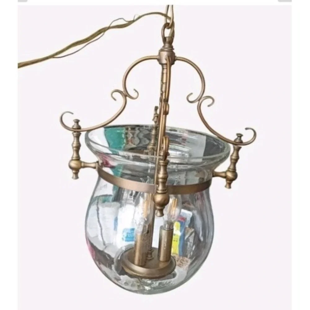 Brass French Bell Vintage Three Bulb Pendulum Chandelier Light